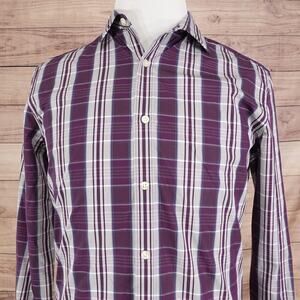 Claiborne Shirt Mens Medium Purple Plaid Slim Fit Dress Long Sleeve Button Front